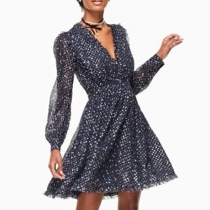 Kate Spade Night Sky Navy Lurex Long Sleeve Fit and Flare Mini Silk Dress Sz 8